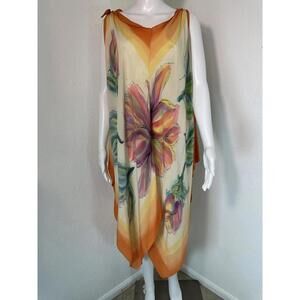 One Size 1980s Silk Crepe De Chine Hand-Painted Floral Kaftan Dress Beach Boho